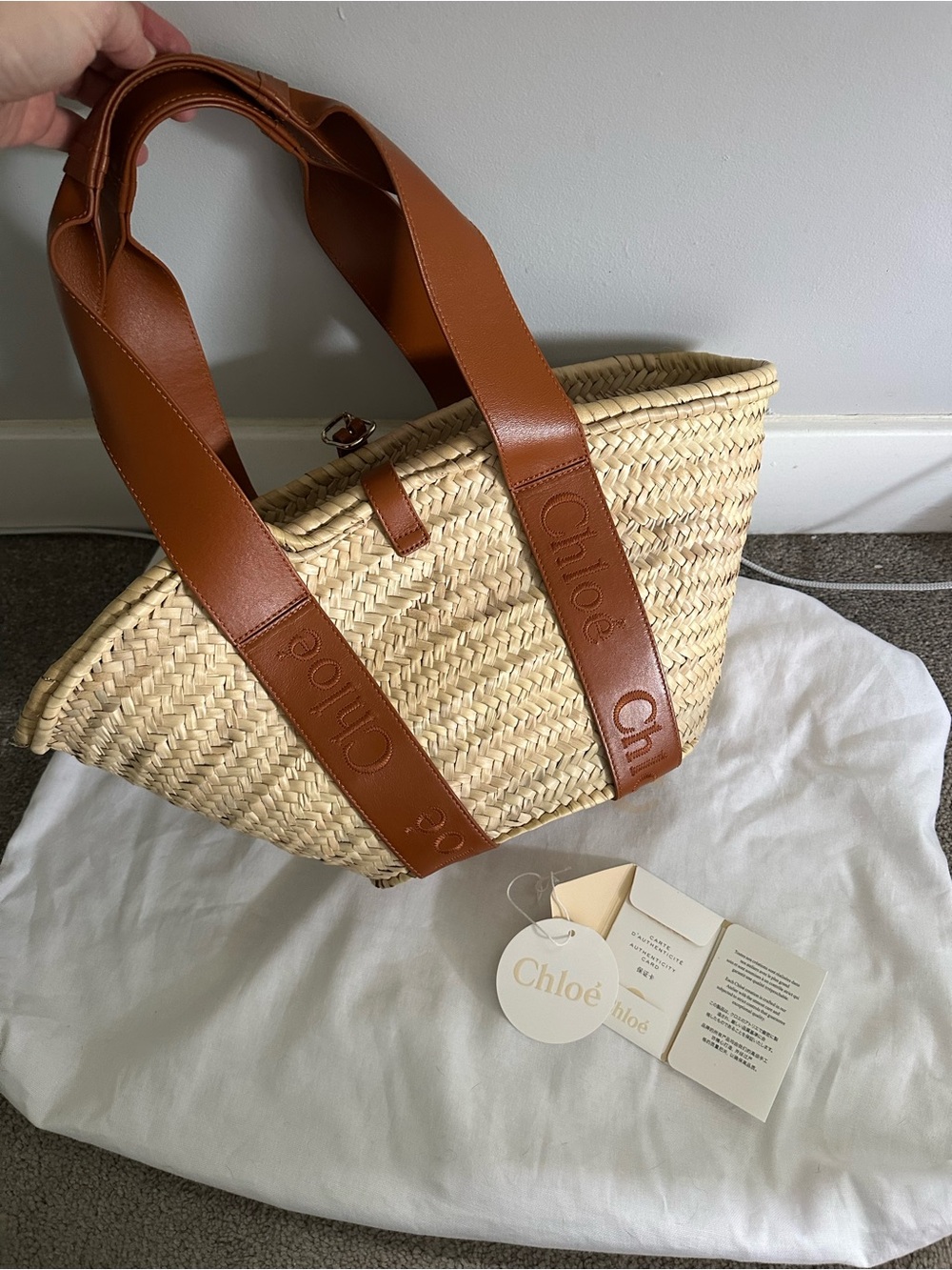 Chloé Woven Straw Tote with Tan Leather Straps